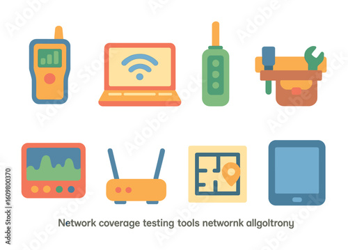 Network Tools for Kids. Flat vector mini-illustrations network coverage testing tools in colors children's