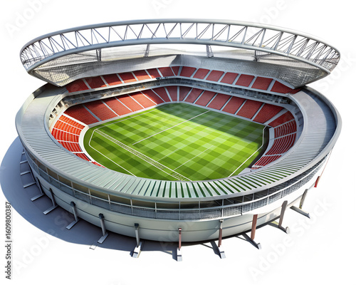 A modern soccer stadium with a green field and red seats, isolated on white isolated on transparent background