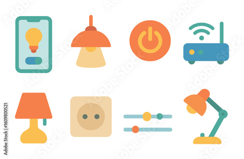 Smart Home Controls. Flat vector mini-illustrations controlling room lights via app in colors children's