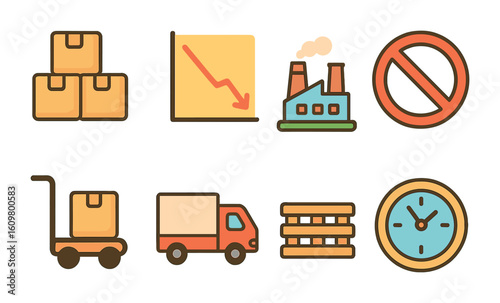 Resource Shortage Icons. Flat vector mini-illustrations raw material shortages in colors children's