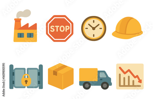 Factory Shutdown Icons. Flat vector mini-illustrations factory shutdowns in colors children's illustrations: