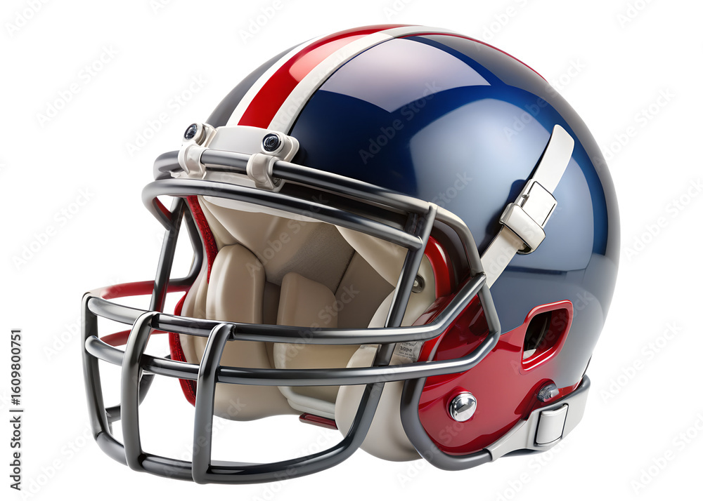 Fototapeta premium A shiny american football helmet with blue, red, and white stripes isolated on transparent background