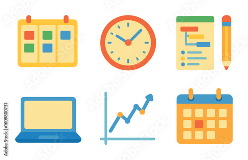 Colorful Management Icons. Flat vector mini-illustrations project management in colors children's