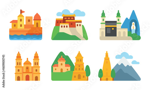 Colorful Pilgrimage Icons. Flat vector mini-illustrations religious pilgrimage sites in colors children's