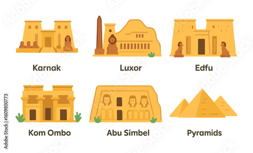 Colorful Egyptian Temples. Flat vector mini-illustrations ancient Egyptian temples in colors children's