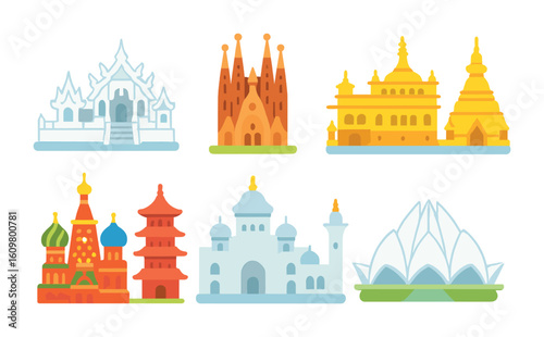 Global Religious Icons. Flat vector mini-illustrations religious sites around the world in colors children's