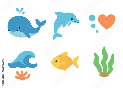 Whale Conservation Icons. Flat vector mini-illustrations whale conservation in colors children's illustrations