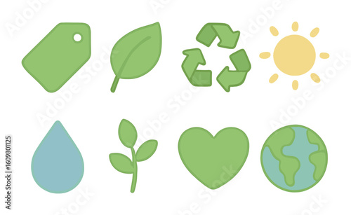 Eco Mini Illustrations. Flat vector mini-illustrations green label design with eco vibes trend in colors