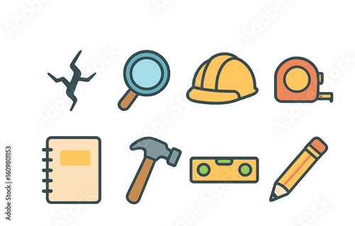 Children's Wall Inspection. Flat vector mini-illustrations wall damage inspection in colors children's