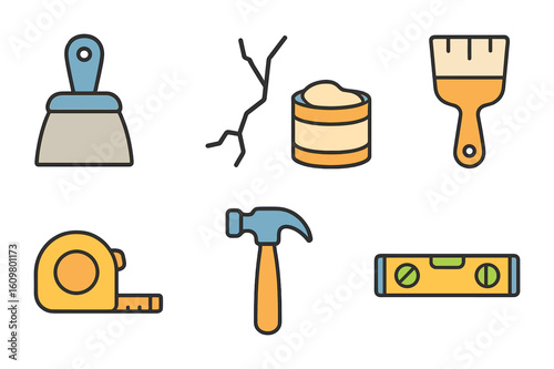 Wall Repair Tools. Flat vector mini-illustrations plaster wall repair in colors children's illustrations: