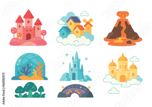 Whimsical Fantasy Icons. Flat vector mini-illustrations fantasy lands in time in colors children's
