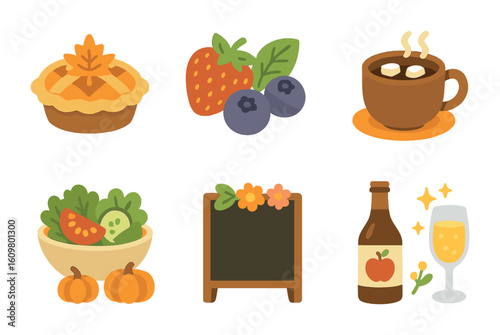 Seasonal Food Icons. Flat vector mini-illustrations seasonal food themes in colors children's illustrations: