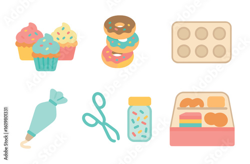 Colorful Bakery Icons. Flat vector mini-illustrations colorful bakery displays in colors children's