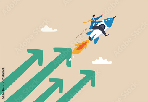 Financial growth, innovation boost profit or sales, increase investment earning or stock market rising up, growing business for success concept, businessman riding rocket booster with growth arrow. 