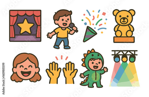 Kids' Talent Show Icons. Flat vector mini-illustrations kids' reality talent shows in colors children's