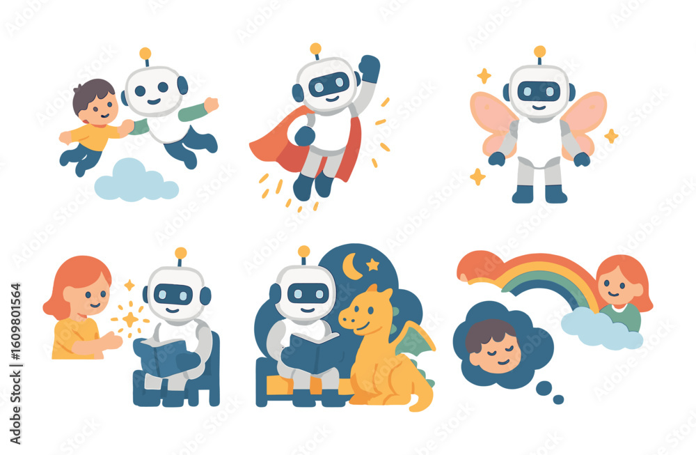 Obraz premium Robots in Imaginary Adventures. Flat vector mini-illustrations imagination and AI relationships in colors