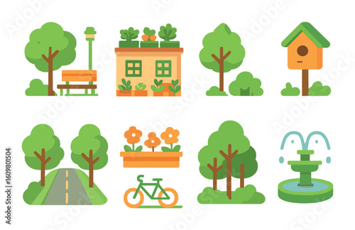 Green Urban Icons. Flat vector mini-illustrations green urban spaces in colors children's illustrations: city