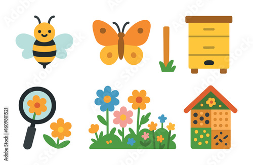 Wildflower Habitat Icons. Flat vector mini-illustrations wildflower and pollinator habitats in colors children