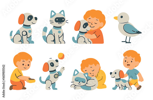 Robot Pet Companions. Flat vector mini-illustrations robot pets and emotional support in colors children's