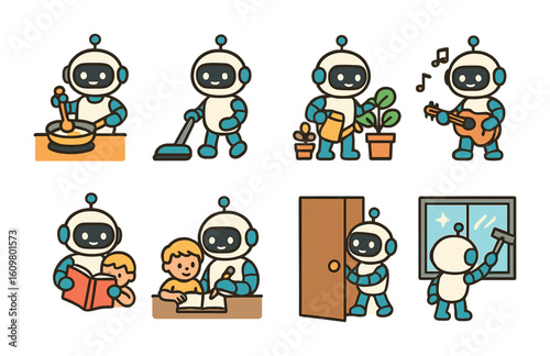 Household Robots in Action. Flat vector mini-illustrations daily life with household robots in colors children