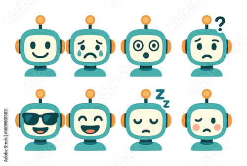 Expressive Robot Faces Grid. Flat vector mini-illustrations expressive robot faces in colors children's