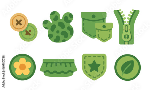 Playful Fashion Elements. Flat vector mini-illustrations playful green fashion details in colors children's
