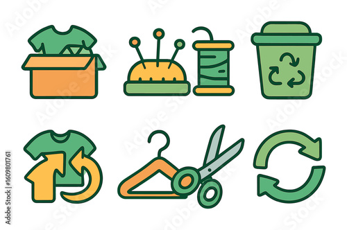 Kids' Eco-Friendly Fashion. Flat vector mini-illustrations green fashion habits for children in colors