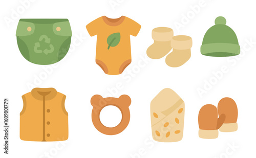 Eco-Friendly Baby Clothes. Flat vector mini-illustrations sustainable baby clothing in colors children's