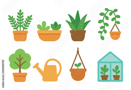 Indoor Greenery Icons. Flat vector mini-illustrations indoor greenery for comfort decor in colors children's