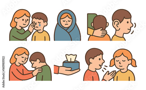 Comforting Moments Icons. Flat vector mini-illustrations comforting moments in colors children's illustrations