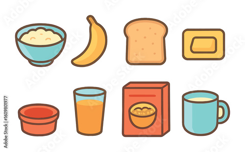 Hospital Breakfast Icons. Flat vector mini-illustrations breakfast on a hospital tray in colors children's