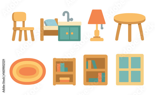 Dollhouse Miniatures Grid. Flat vector mini-illustrations dollhouse miniatures in colors children's