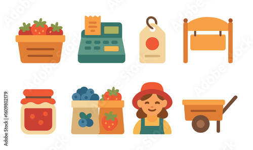 Children's Berry Market Icons. Flat vector mini-illustrations berry market stand in colors children's