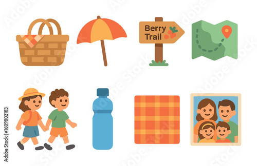 Family Berry Outing. Flat vector mini-illustrations family berry outing in colors children's illustrations: