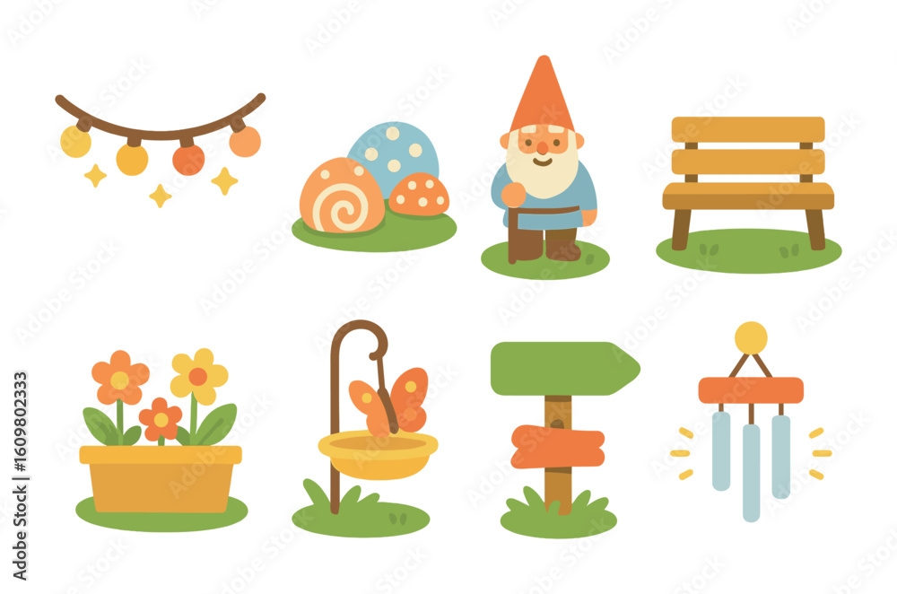 Obraz premium Whimsical Garden Icons. Flat vector mini-illustrations personalized garden corners in colors children's