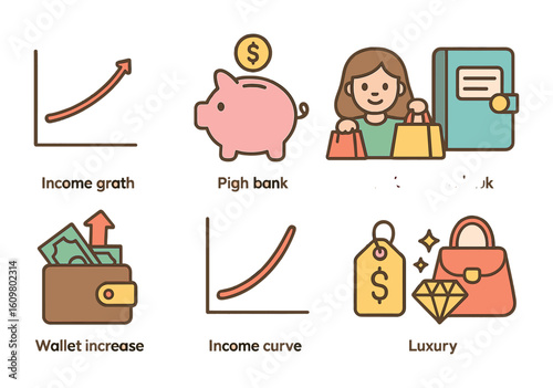Income Growth Icons. Flat vector mini-illustrations income elasticity in colors children's illustrations: