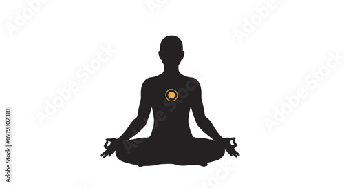 Illustration of a person in lotus pose meditation, radiating heart energy and surrounded by a cosmic aura for wellness and mindfulness.