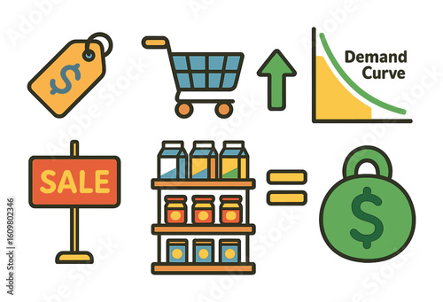 Economic Icons for Kids. Flat vector mini-illustrations price elasticity in colors children's illustrations: