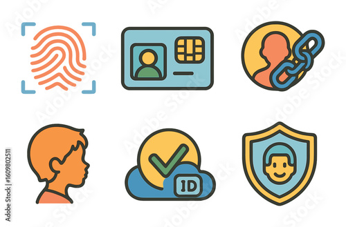 Blockchain Kids Icons. Flat vector mini-illustrations identity on blockchain in colors children's