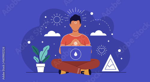 Illustration of a person achieving digital wellness and focus through online meditation, balancing technology and spirituality for inner peace.