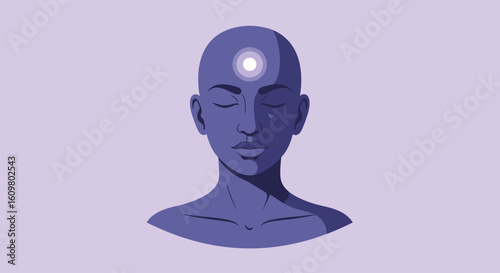 A serene illustration of a human head with closed eyes and a glowing light emanating from the forehead, suggesting inner peace.