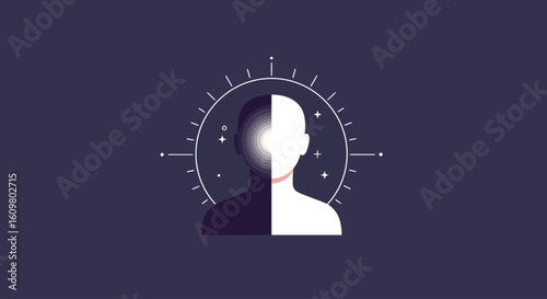 An abstract illustration of human consciousness and duality, exploring concepts of identity, psychology, and inner balance.