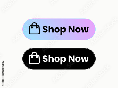 Two shop now buttons with shopping bag icon isolated on white background