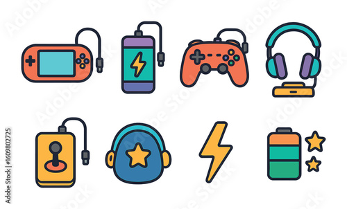 Gaming Devices Charging Icons. Flat vector mini-illustrations gaming devices charging in colors children's