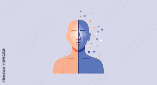 Conceptual illustration of human duality and personal transformation, showing a figure's face split between a calm and a dissolving, sparkling side.