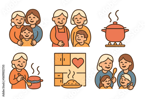 Generations of Cooking Joy. Flat vector mini-illustrations cooking memories across generations in colors