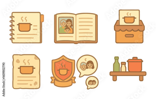 Family Cooking Icons. Flat vector mini-illustrations preserving family cooking legacy in colors children's