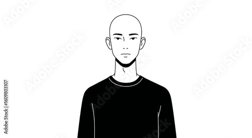 Abstract black and white depiction of a contemplative bald male, offering a modern, clean, and versatile visual element ideal for design, technology, and introspective themes.