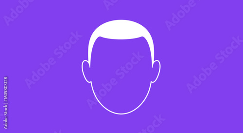 A minimalist white line icon of a faceless human head with hair, serving as a generic user avatar or profile placeholder on a purple background.