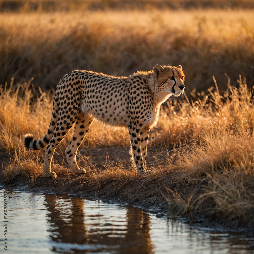 Naklejka premium Cheetah at sunset in African savanna, close-up wildlife portrait